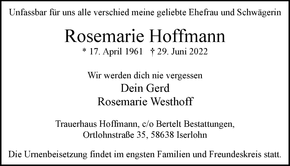 Traueranzeigen Von Rosemarie Hoffmann Trauer In Nrw De