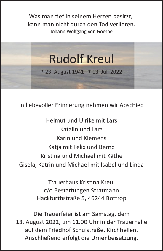 Traueranzeigen Von Rudolf Kreul Trauer In Nrw De