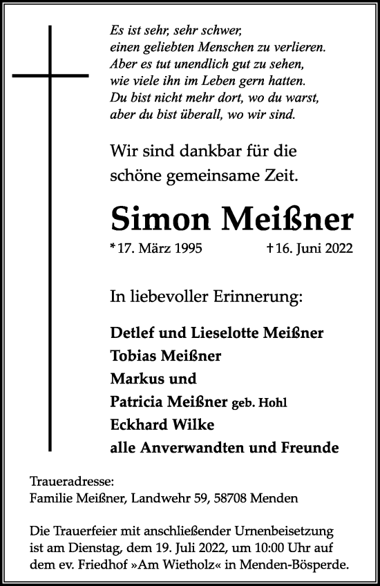 Traueranzeigen von Simon Meißner Trauer in NRW de