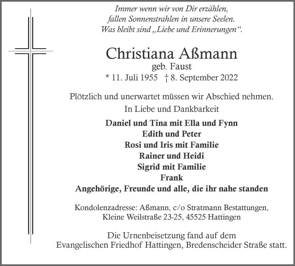 Traueranzeigen von Christiana Aßmann Trauer in NRW de