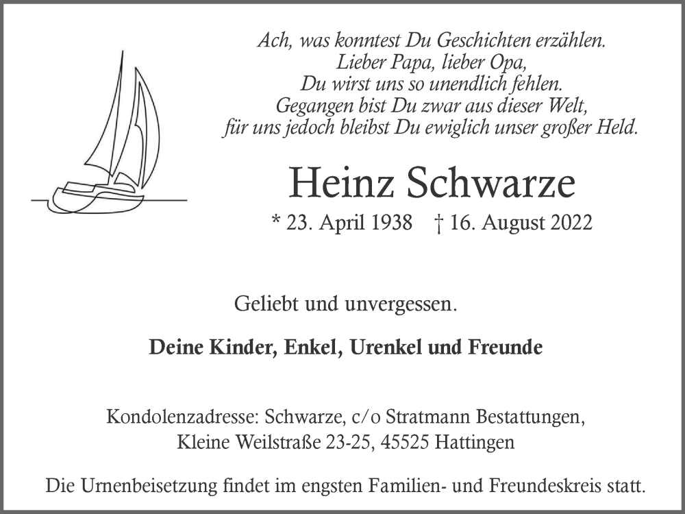 Traueranzeigen Von Heinz Schwarze Trauer In Nrw De