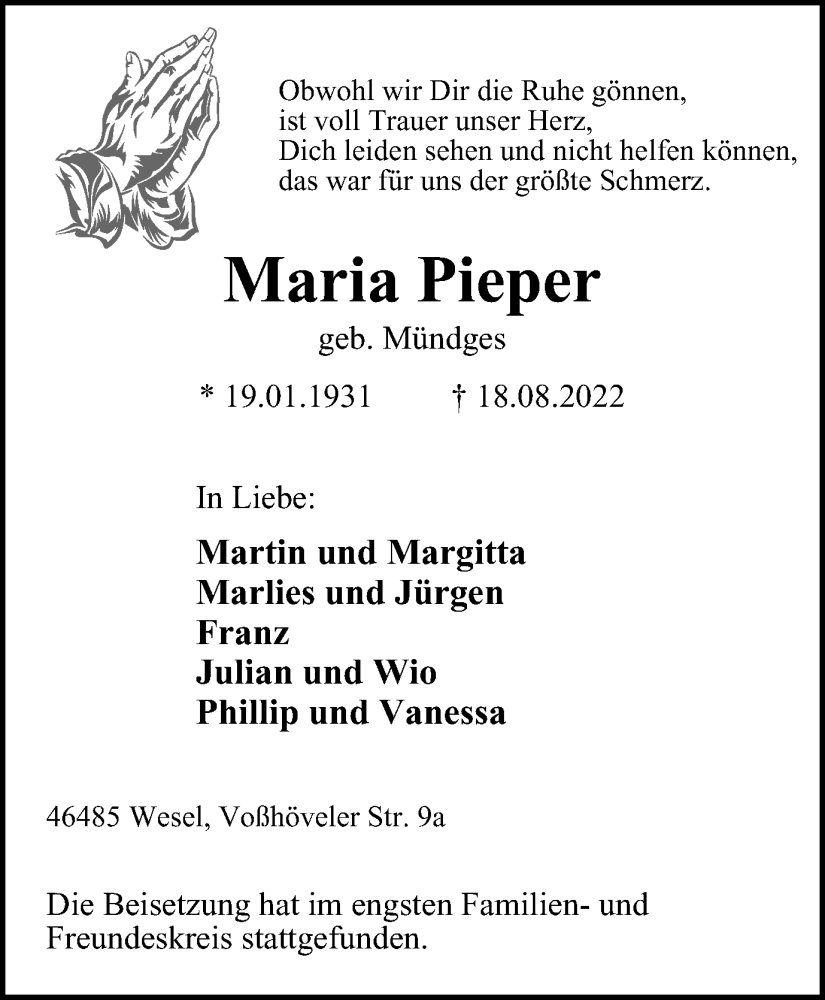 Traueranzeigen Von Maria Pieper Trauer In NRW De