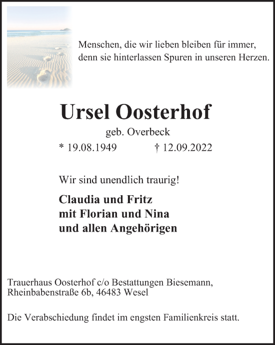 Traueranzeigen Von Ursel Oosterhof Trauer In Nrw De