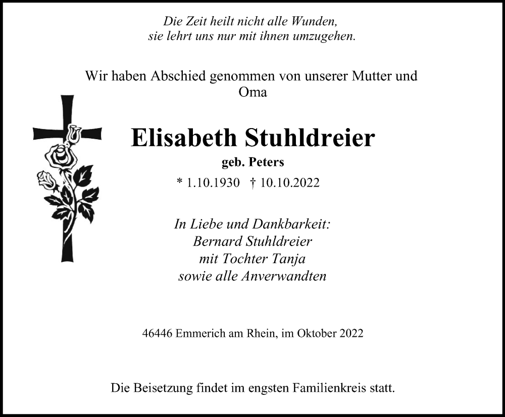 Traueranzeigen Von Elisabeth Stuhldreier Trauer In Nrw De