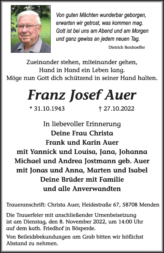 Traueranzeigen Von Franz Josef Auer Trauer In NRW De