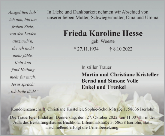 Traueranzeigen Von Frieda Karoline Hesse Trauer In Nrw De