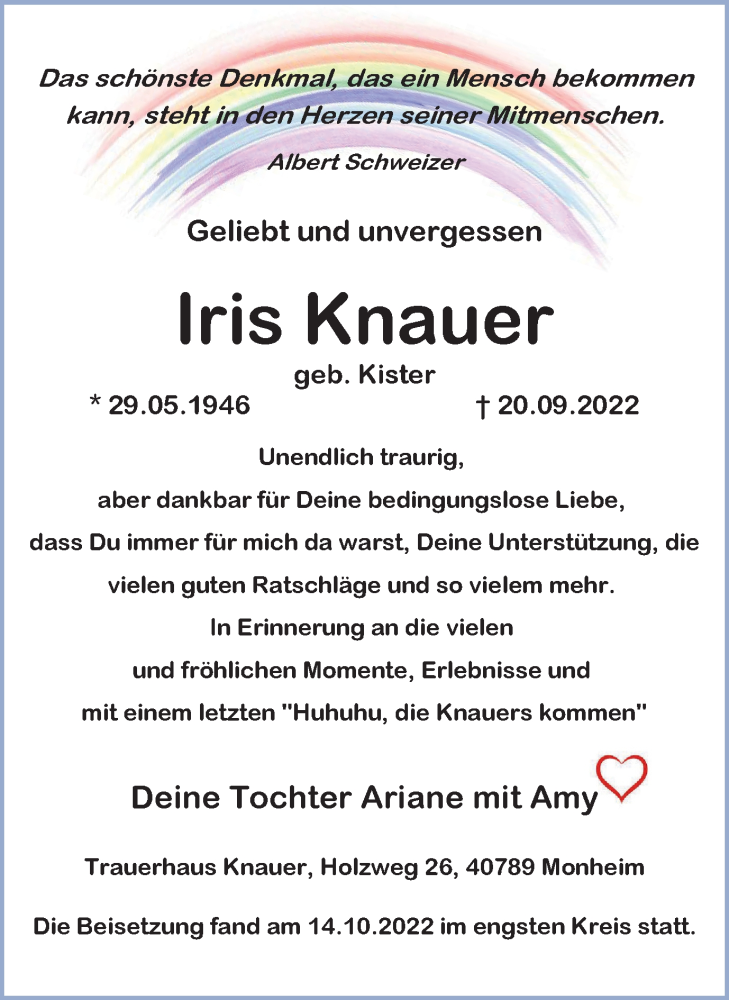 Traueranzeigen Von Iris Knauer Trauer In Nrw De