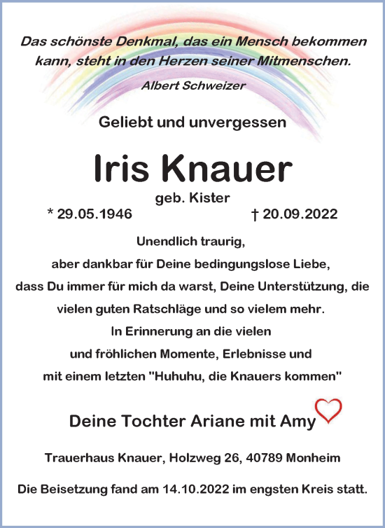 Traueranzeigen Von Iris Knauer Trauer In NRW De