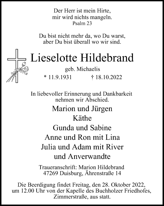 Traueranzeigen Von Lieselotte Hildebrand Trauer In Nrw De