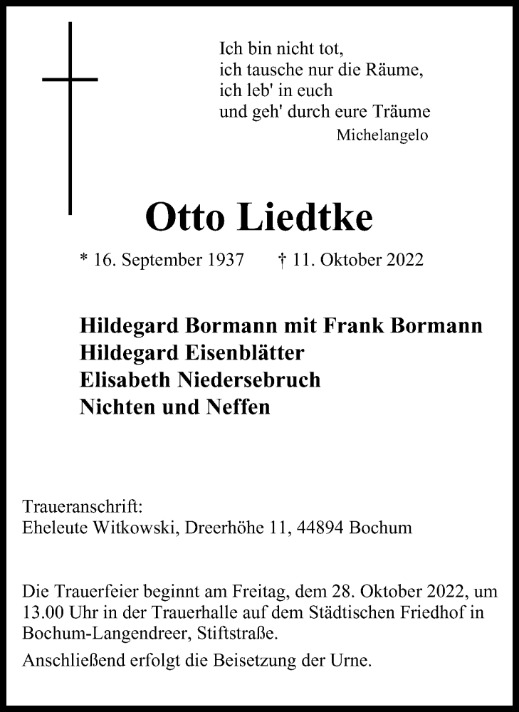 Traueranzeigen Von Otto Liedtke Trauer In Nrw De