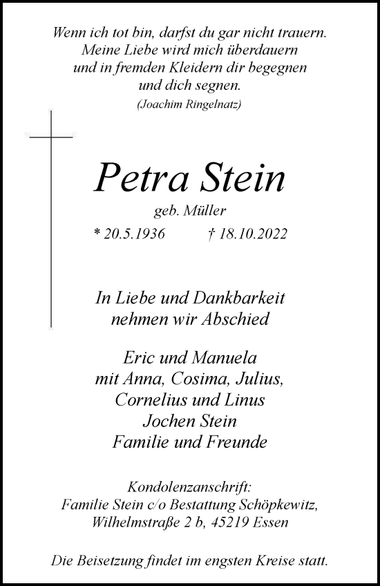 Traueranzeigen Von Petra Stein Trauer In Nrw De