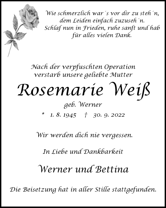 Traueranzeigen von Rosemarie Weiß Trauer in NRW de