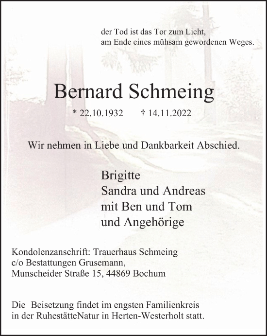 Traueranzeigen Von Bernard Schmeing Trauer In NRW De