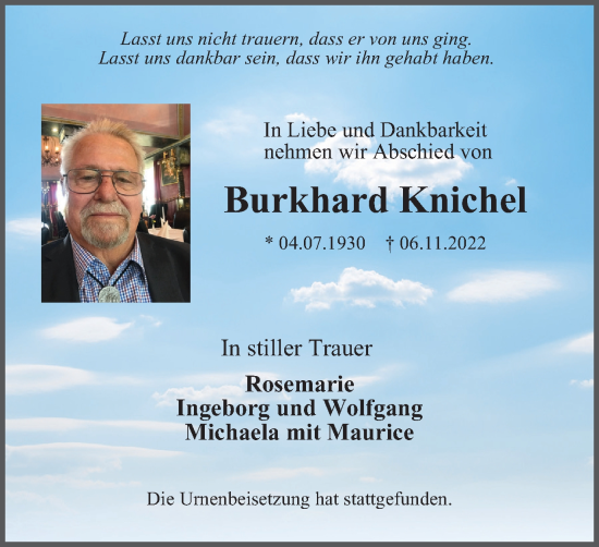 Traueranzeigen Von Burkhard Knichel Trauer In Nrw De