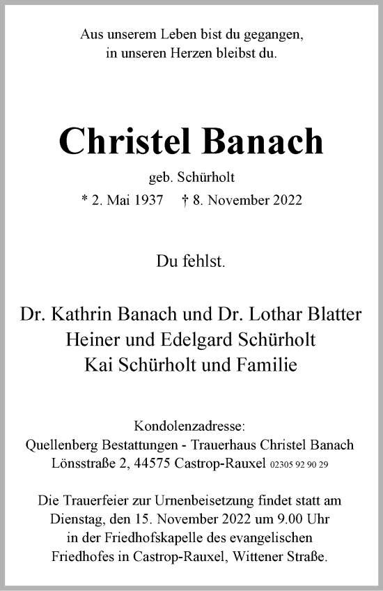 Traueranzeigen Von Christel Banach Trauer In Nrw De