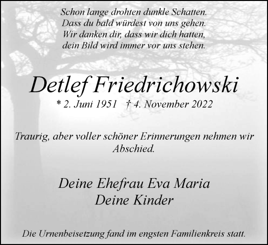 Traueranzeigen Von Detlef Friedrichowski Trauer In NRW De