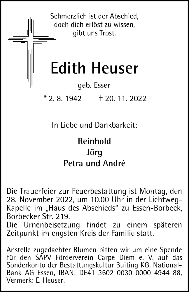 Traueranzeigen Von Edith Heuser Trauer In Nrw De