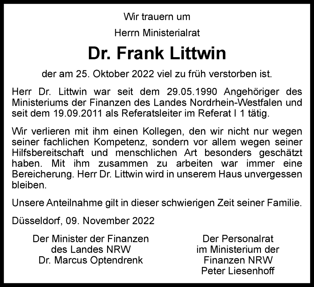 Traueranzeigen Von Frank Littwin Trauer In NRW De