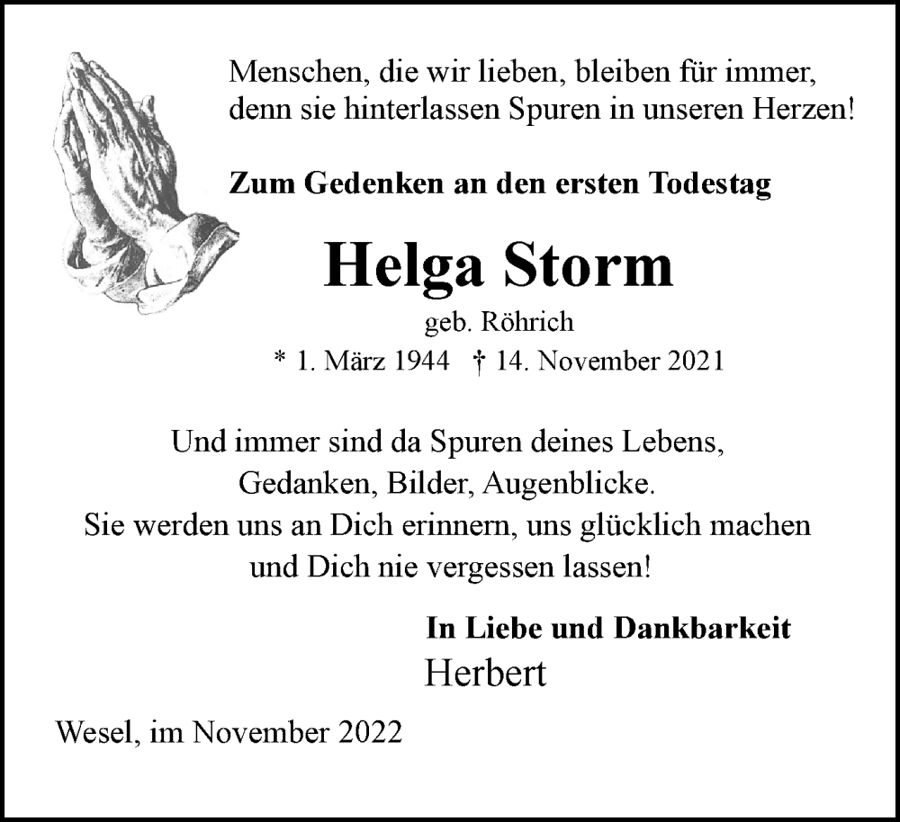 Traueranzeigen Von Helga Storm Trauer In NRW De