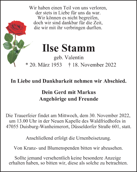 Traueranzeigen Von Ilse Stamm Trauer In NRW De