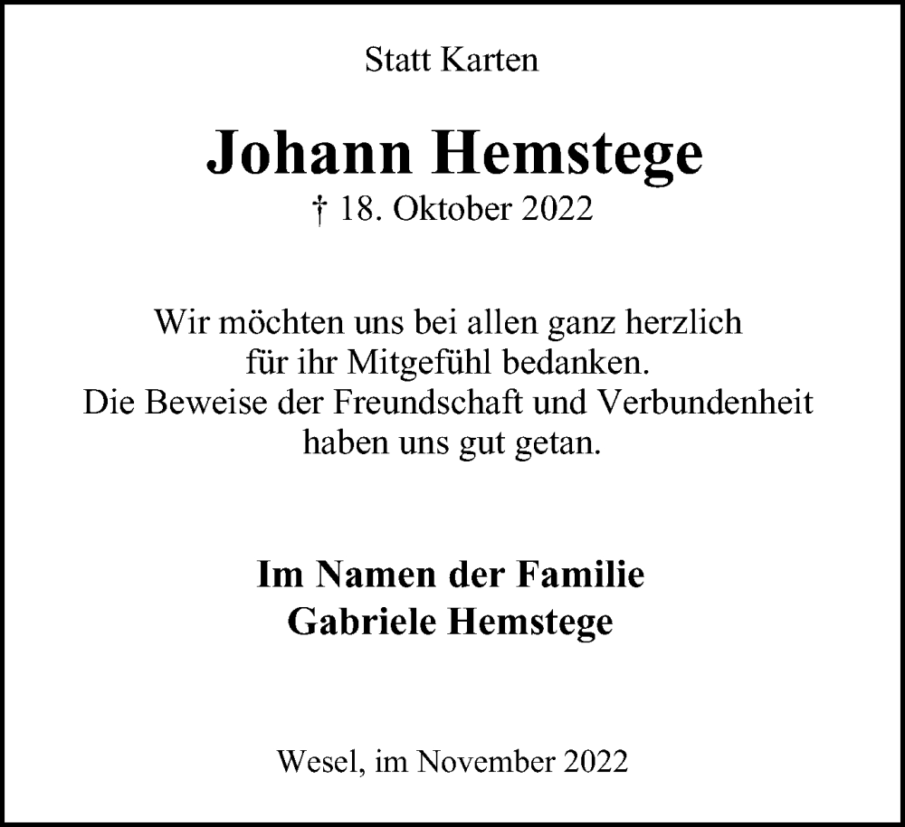 Traueranzeigen Von Johann Hemstege Trauer In NRW De