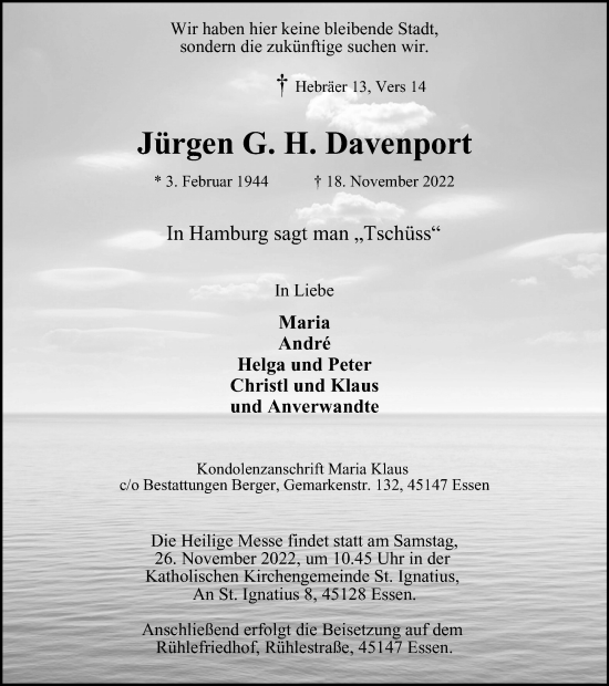 Traueranzeigen Von J Rgen G H Davenport Trauer In Nrw De