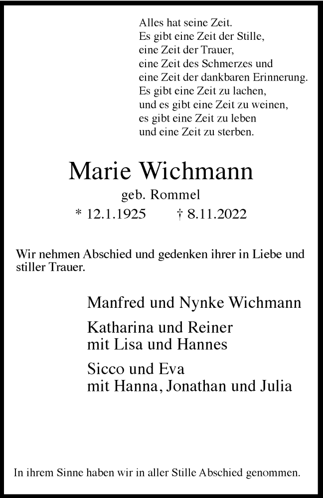 Traueranzeigen Von Marie Wichmann Trauer In NRW De