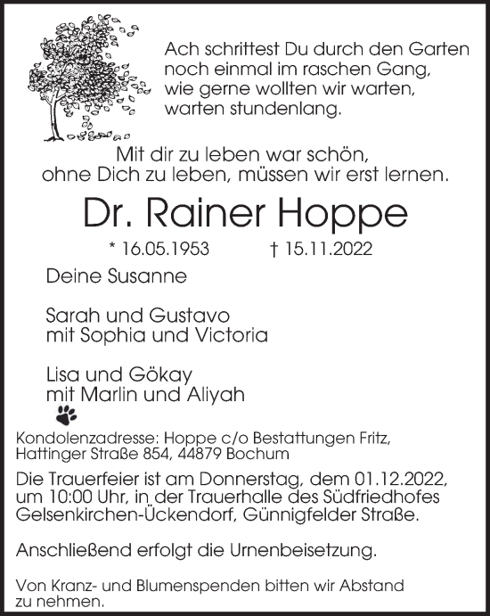 Traueranzeigen Von Rainer Hoppe Trauer In NRW De