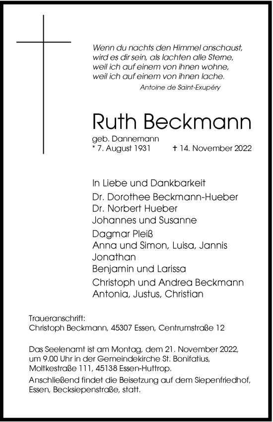 Traueranzeigen Von Ruth Beckmann Trauer In Nrw De