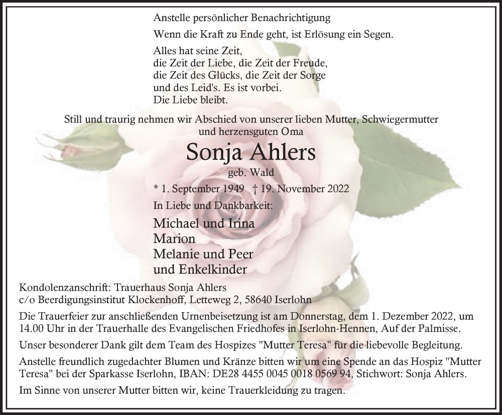 Traueranzeigen Von Sonja Ahlers Trauer In NRW De