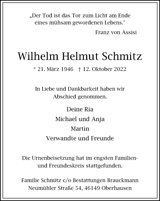 Traueranzeigen Von Wilhelm Helmut Schmitz Trauer In Nrw De