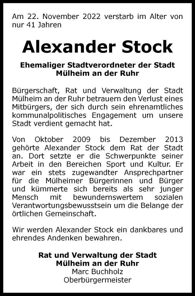 Traueranzeigen Von Alexander Stock Trauer In Nrw De