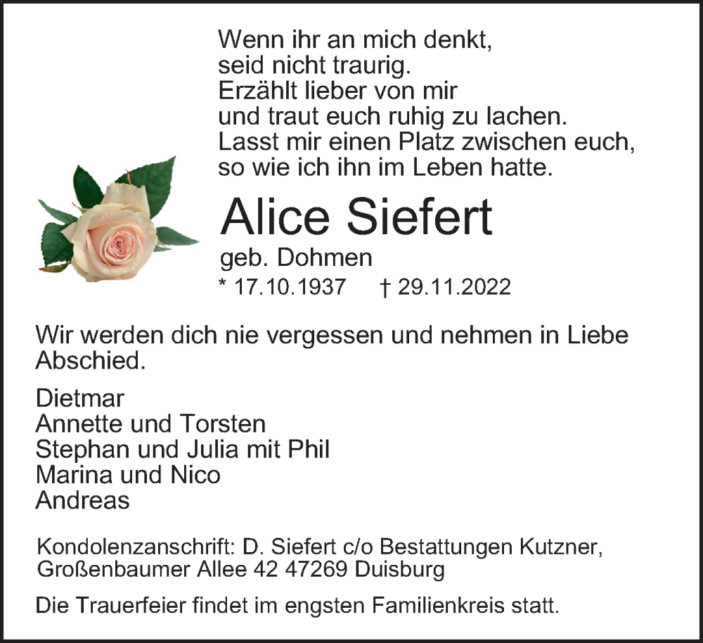 Traueranzeigen Von Alice Siefert Trauer In NRW De