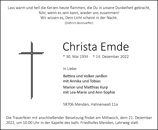 Traueranzeigen Von Christa Emde Trauer In Nrw De