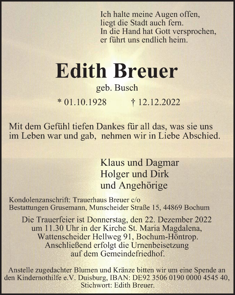 Traueranzeigen Von Edith Breuer Trauer In Nrw De