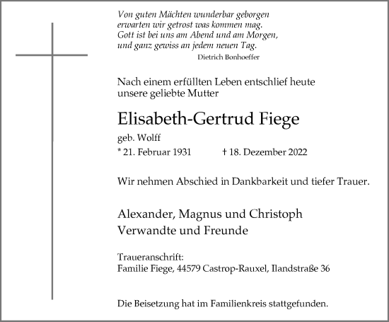 Traueranzeigen Von Elisabeth Gertrud Fiege Trauer In Nrw De