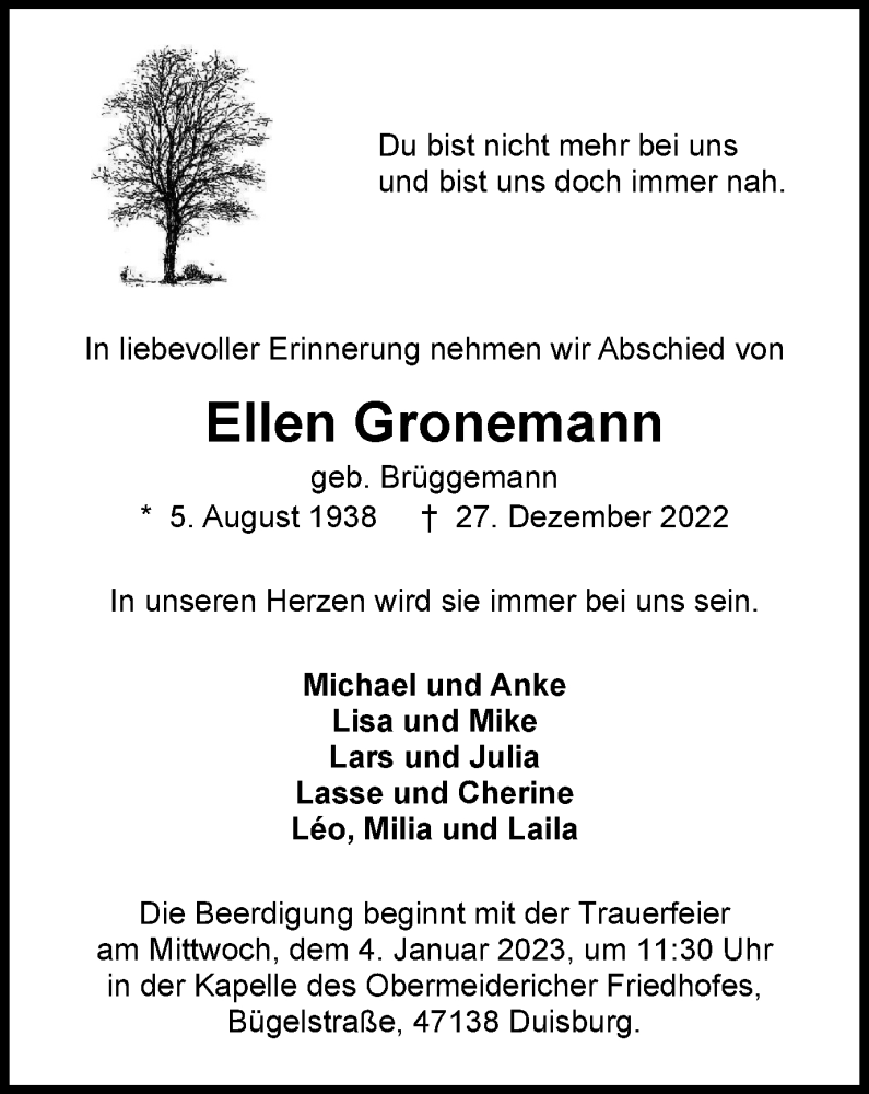 Traueranzeigen Von Ellen Gronemann Trauer In NRW De