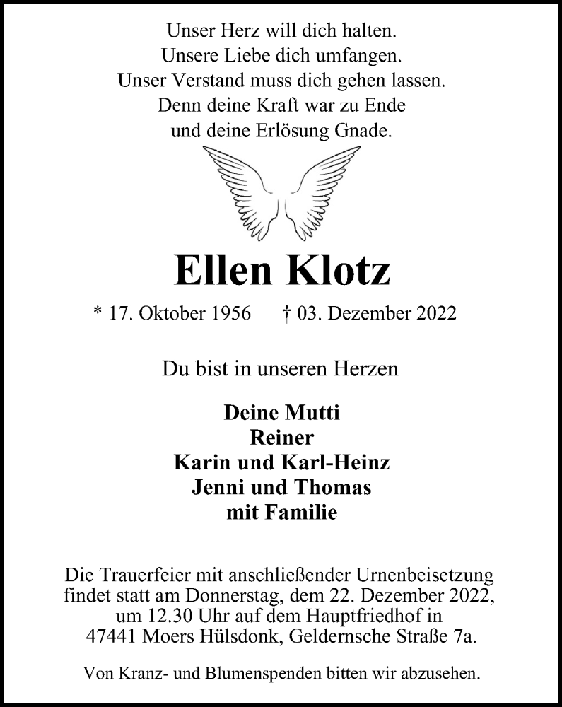 Traueranzeigen Von Ellen Klotz Trauer In Nrw De