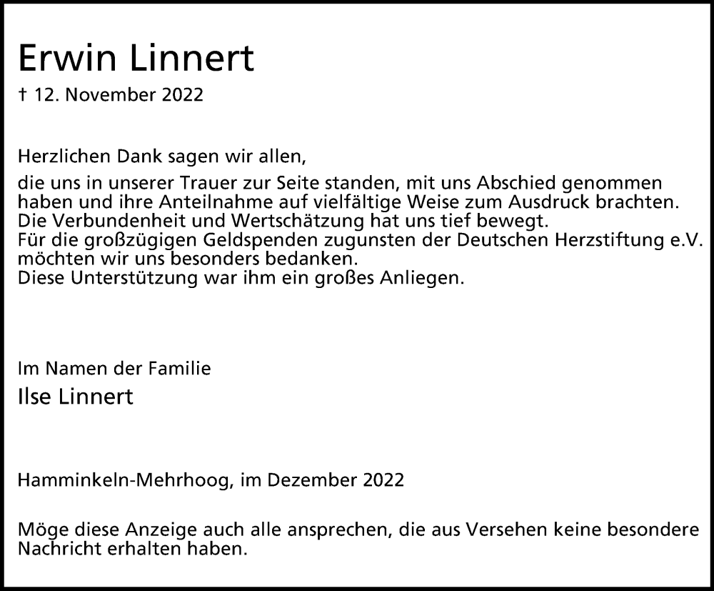 Traueranzeigen Von Erwin Linnert Trauer In Nrw De