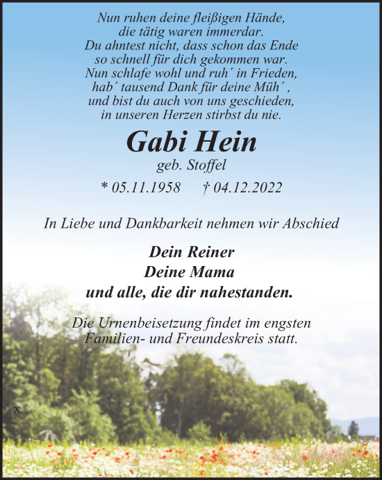 Traueranzeigen Von Gabi Hein Trauer In NRW De