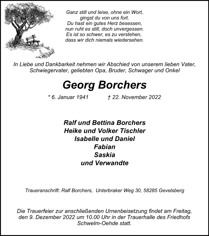 Traueranzeigen Von Georg Borchers Trauer In Nrw De