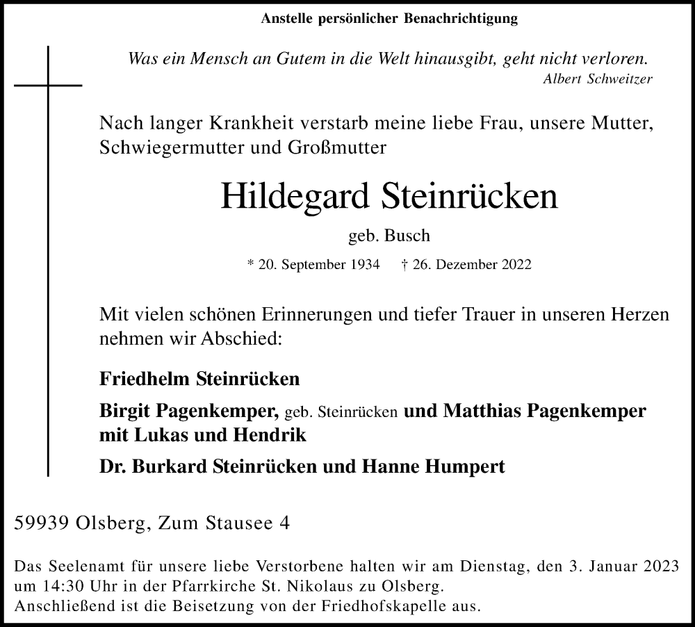 Traueranzeigen Von Hildegard Steinr Cken Trauer In Nrw De