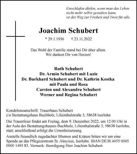 Traueranzeigen Von Joachim Schubert Trauer In Nrw De