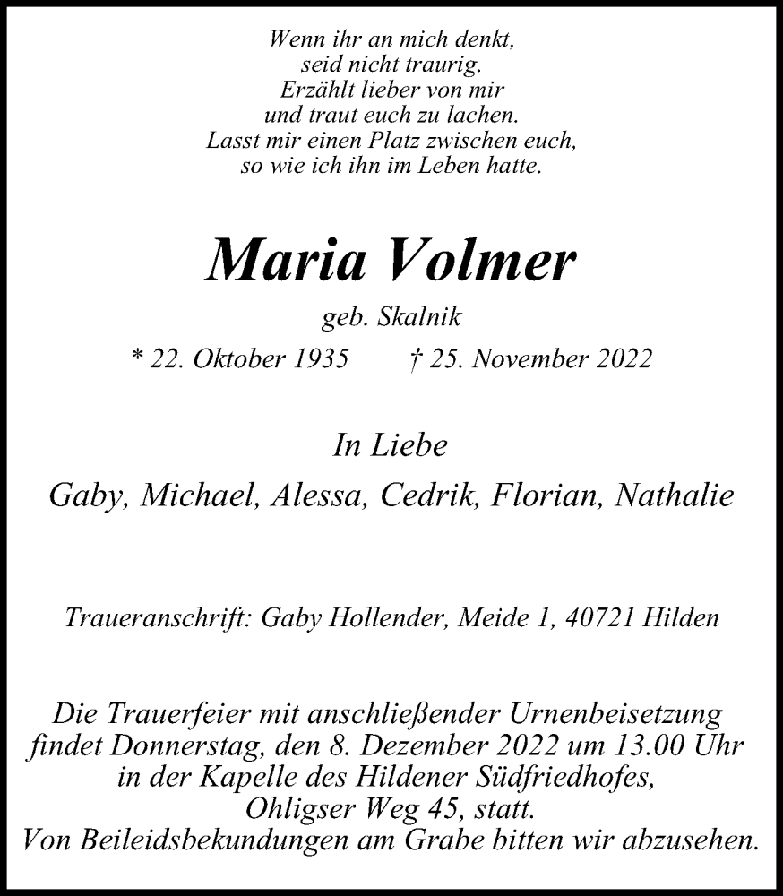 Traueranzeigen Von Maria Volmer Trauer In NRW De