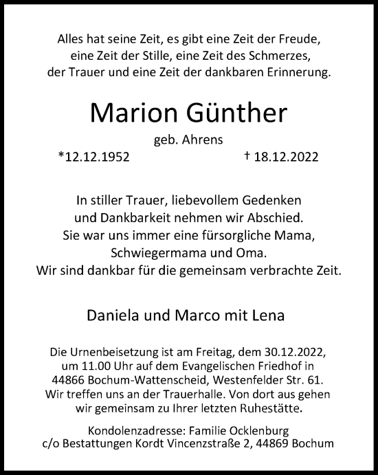 Traueranzeigen Von Marion G Nther Trauer In Nrw De