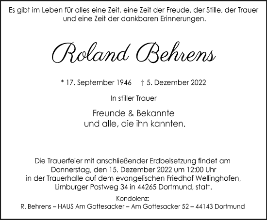 Traueranzeigen Von Roland Behrens Trauer In NRW De