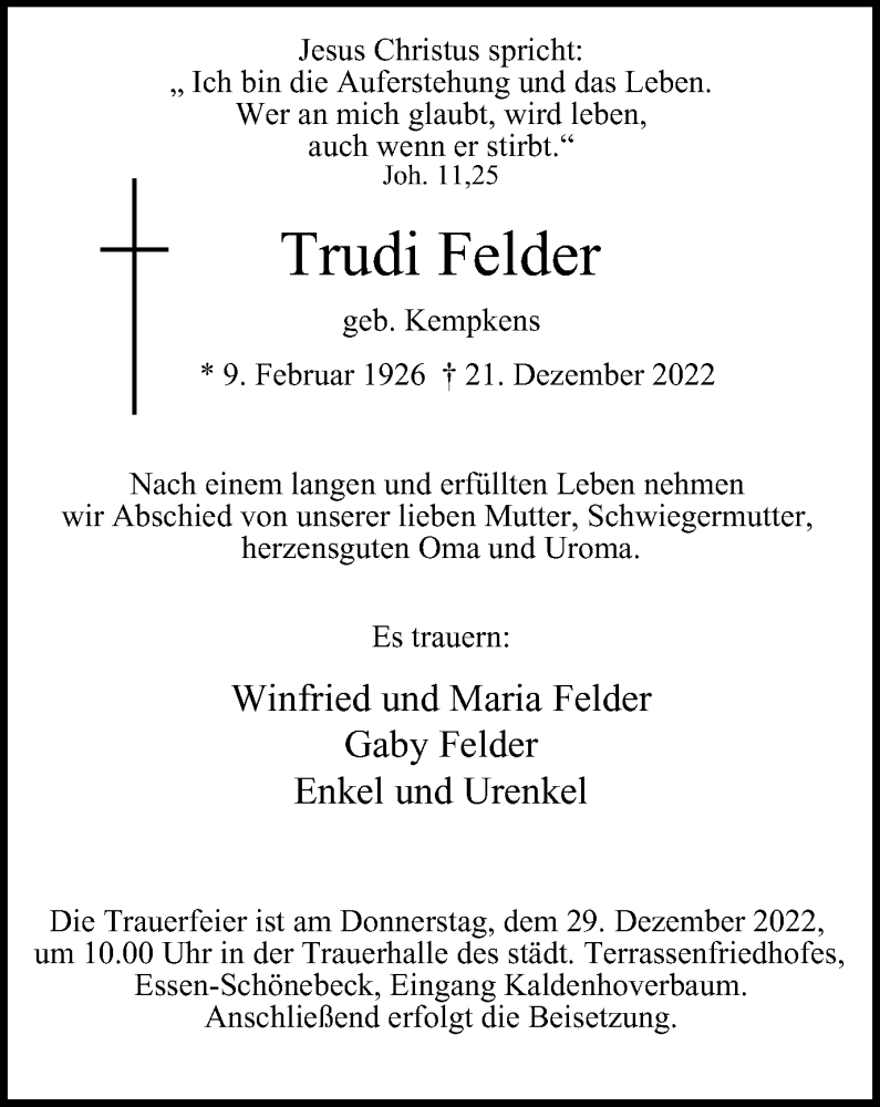 Traueranzeigen Von Trudi Felder Trauer In Nrw De