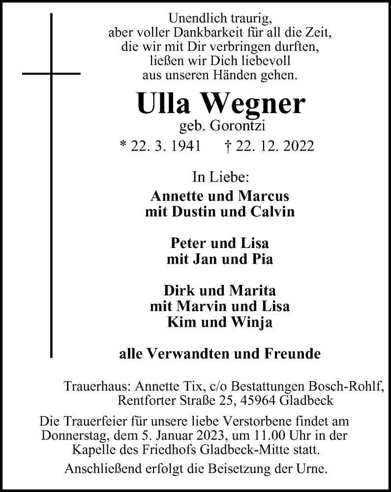 Traueranzeigen Von Ulla Wegner Trauer In Nrw De