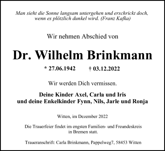 Traueranzeigen Von Wilhelm Brinkmann Trauer In NRW De