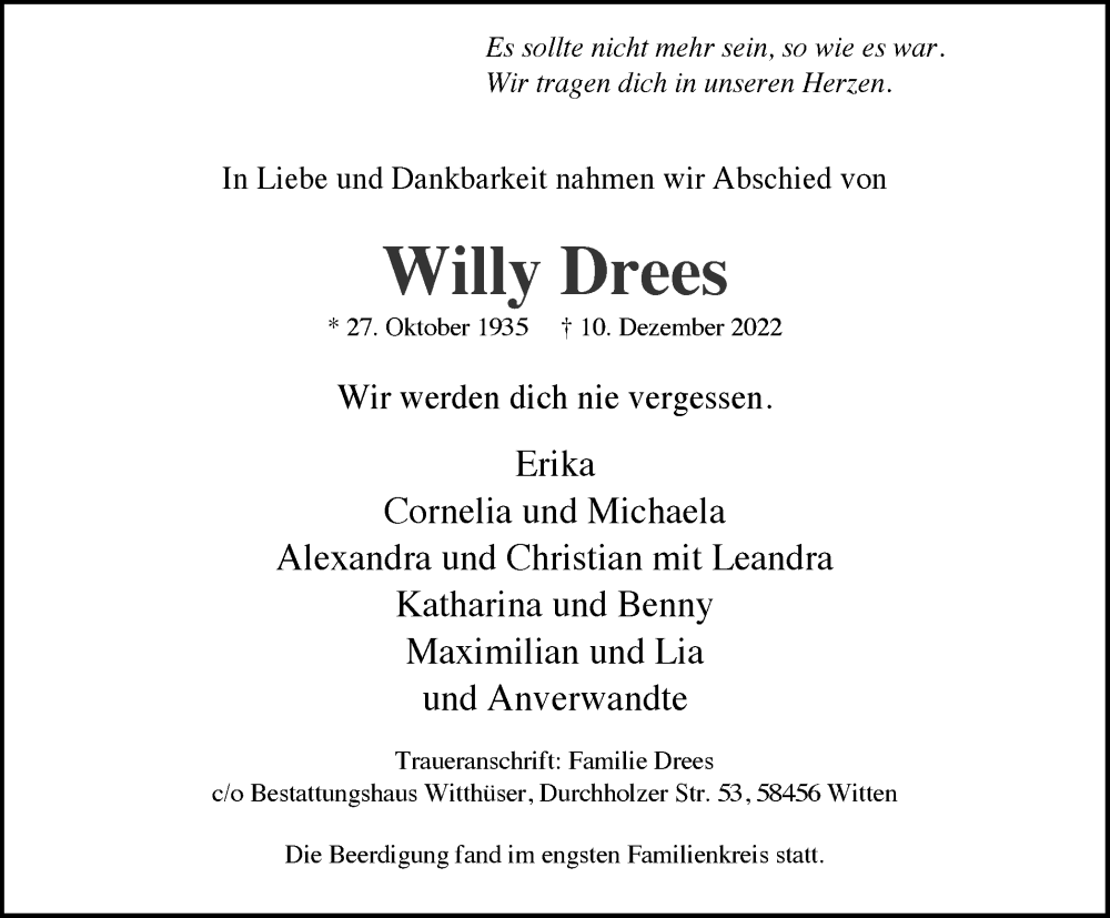 Traueranzeigen Von Willy Drees Trauer In Nrw De